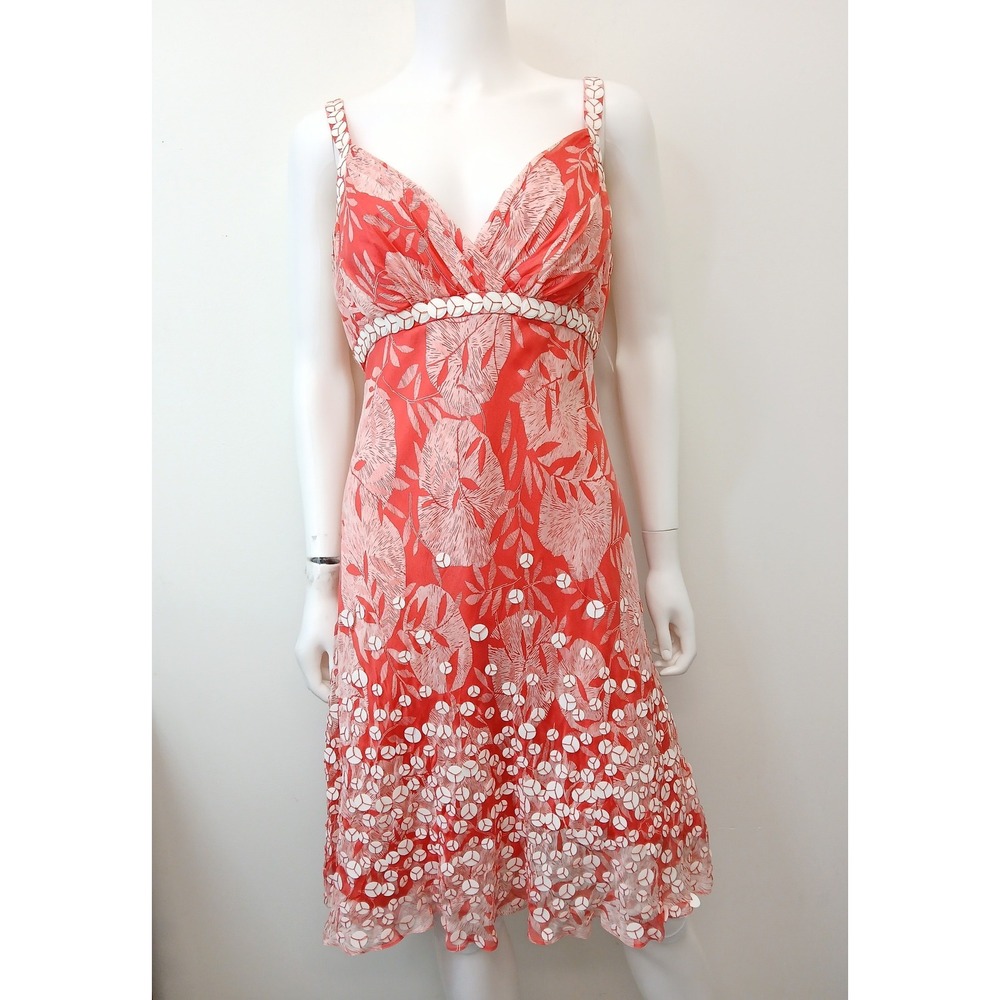 Carmen Marc Valvo Fit Flare Beaded Silk Cocktail Dress Womens 10 Coral Floral